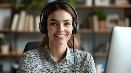 Smiling young woman with headphones at her desk, ready for a virtual meeting.