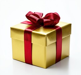Obraz premium Gold gift box with a red ribbon and bow on a white background. AI generated image
