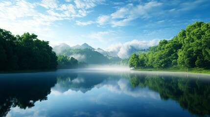 A picturesque scene depicting a tranquil lake with misty fog enveloping the surrounding mountains. Lush greenery lines the banks, reflecting the serenity of the early morning. The blue sky and soft cl