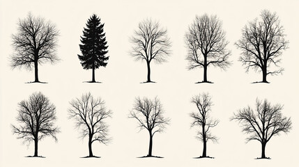 .Winter trees silhouettes collection. Set of isolated vector design elements.  