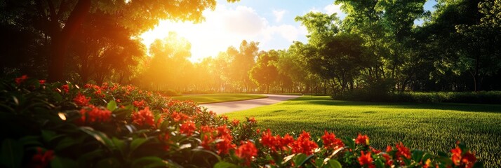 A picturesque scene of an urban park on a bright sunny day. Lush green grass, vibrant red flowers, and a winding pathway create a sense of peace and tranquility. The sun's rays illuminate the park, ca