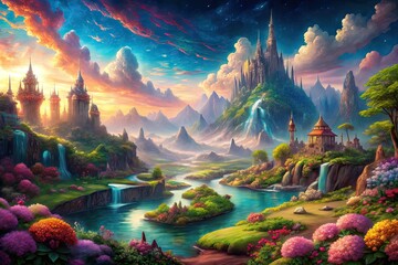 Elysian Odyssey: Epic, fantasy, sweeping landscapes, vibrant hues, otherworldly elements