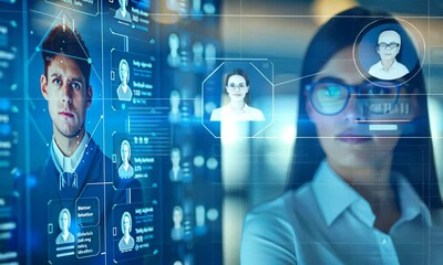A professional woman examines innovative facial recognition technology displayed on a high-tech screen in a bustling conference environment, showcasing cutting-edge tools and applications