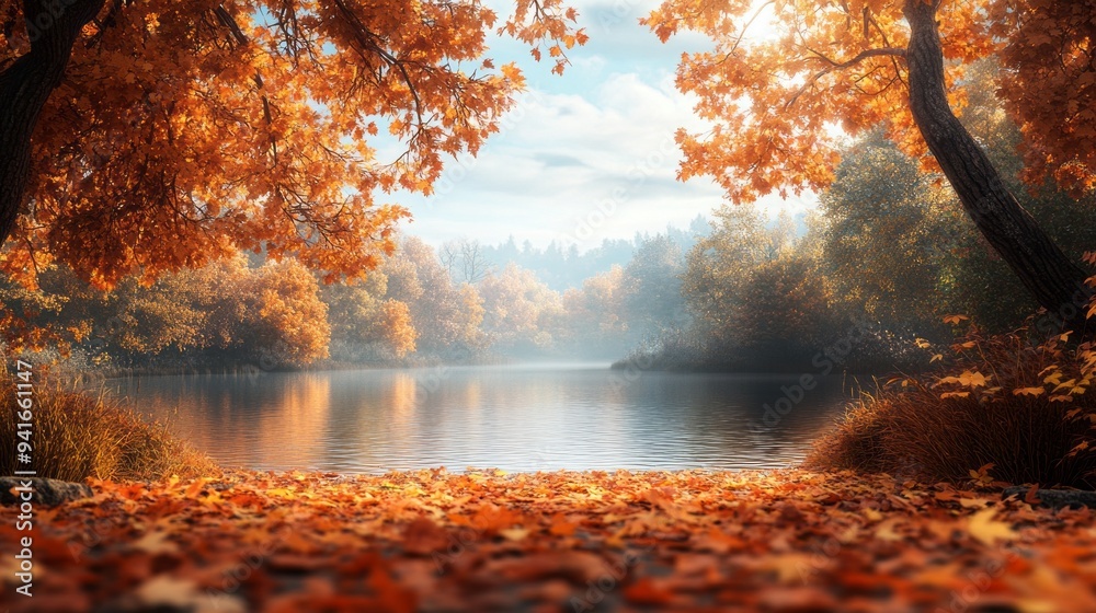 Poster a beautiful autumn scene with a lake and trees