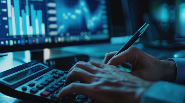 A person sits at a desk or table with an old-fashioned calculator, typing in numbers and performing calculations
