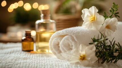 A close-up of spa essentials, including a rolled white towel, aromatic oils, and fresh flowers, arranged neatly on a spa bed,