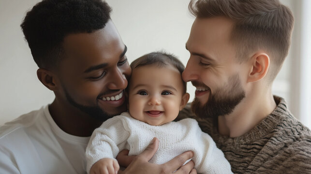 Happy interracial gay couple bonding with baby at home, radiating joy and love as they embrace parenthood together