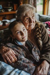 Obraz premium An older woman sits with a young girl on a couch, possibly sharing a moment or discussing something