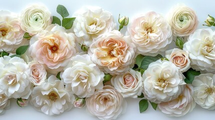 Obraz premium White peonies roses on white background with copy space abstract natural floral frame layout with text space romantic feminine composition wedding invitation concept.