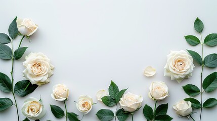 White peonies roses on white background with copy space abstract natural floral frame layout with text space romantic feminine composition wedding invitation concept.