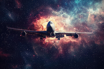 An Airplane Soars Through a Nebula, Embracing the Infinite Beauty of Deep Space and the Wonders of the Cosmos.