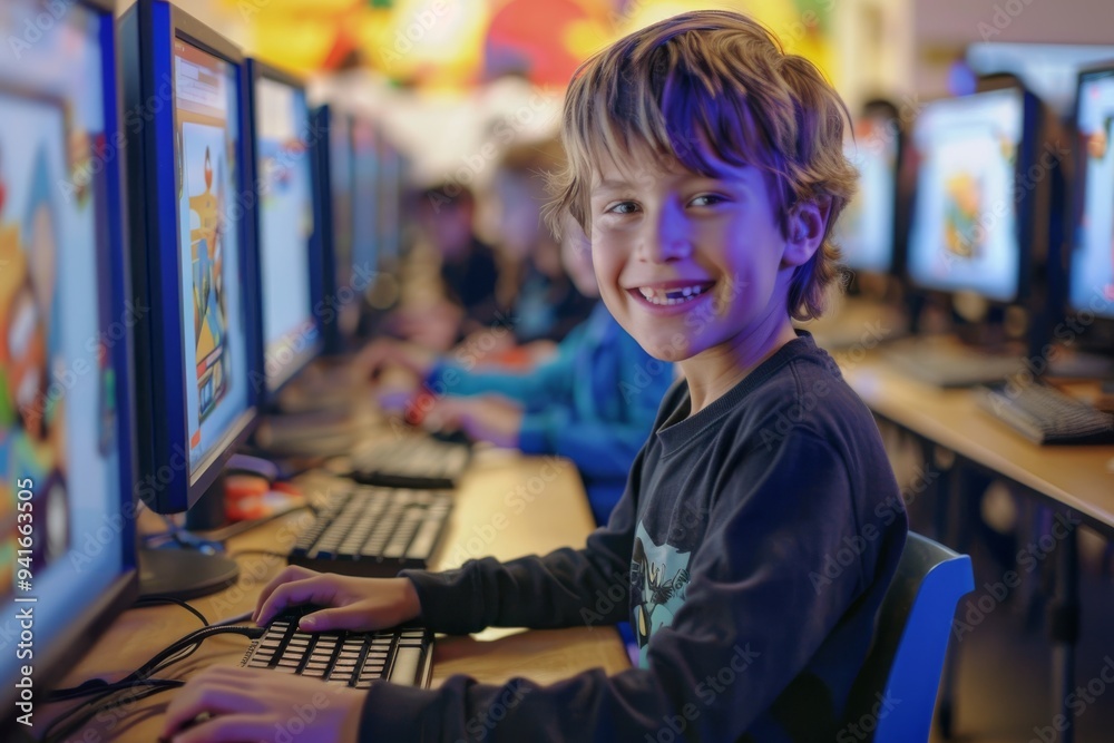 Aufkleber A cheerful child engaged in computer activities in a classroom setting. The image captures the essence of modern education and digital learning as students work on desktop computers.