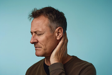 Obraz premium A middle-aged man suffering from neck pain on light blue background. 