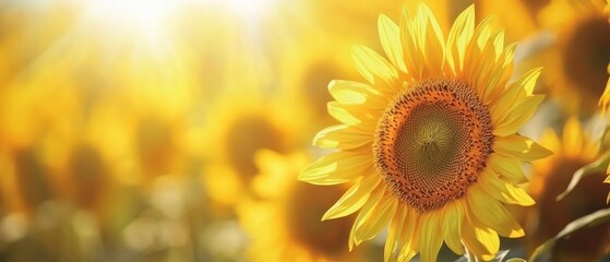 Fototapeta premium A Single Sunflower in a Field of Sunflowers at Sunset