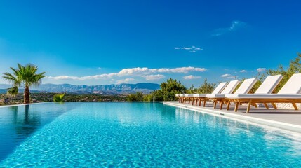 A serene infinity pool seamlessly blends with the horizon, offering breathtaking mountain views. White lounge chairs invite relaxation and tranquility, creating a luxurious escape amidst nature's beau