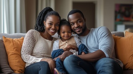 Obraz premium A joyful family portrait featuring parents smiling with their young child while sitting on a cozy sofa in a well-lit living room