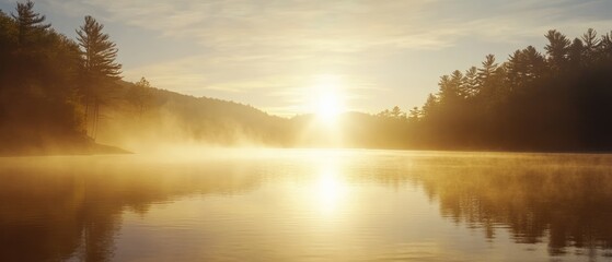 Fototapeta premium Golden Sunrise Over a Foggy Lake with Silhouetted Trees