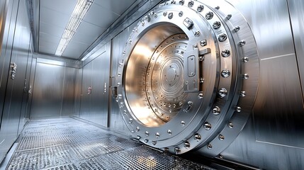 A large, secure vault door in a modern metallic bank environment.