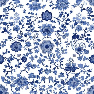 traditional chinese floral porcelain style pattern with lots of flowers and leaves in blue on a white background.