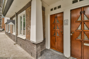 Artistic wooden door with blank signboard in urban setting