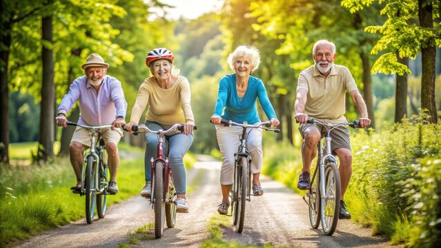 Emerald Oasis for Seniors on Bikes: Cyclists traversing lush, green landscapes, highlighting the vibrancy and health associated with aging.