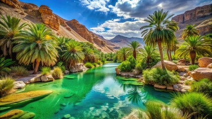Emerald Oasis in Rock Desert: Vibrant green foliage, turquoise waters, arid surroundings, refreshing