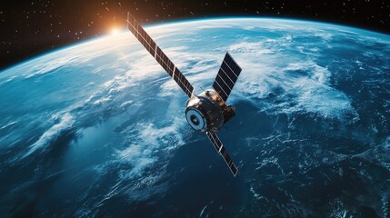 Naklejka premium A detailed image of a satellite in space, orbiting high above the Earth,