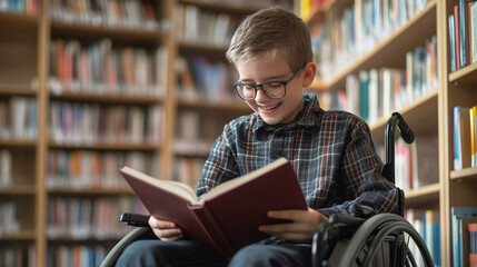Happy young student in a wheelchair reading a book in the library, with shelves of books in the background