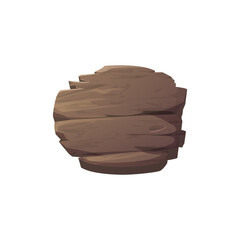 Old round shaped wooden sign made from brown planks on an isolated background.