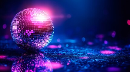 Fototapeta premium Disco ball shines bright in the dark, website advertising, music banner, disco pub banner, copy space for text
