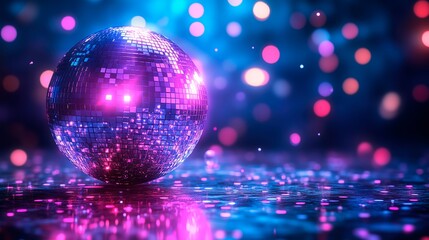 Disco ball shines bright in the dark, website advertising, music banner, disco pub banner, copy...