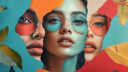 a collage of three women's faces with bold makeup and colored sunglasses