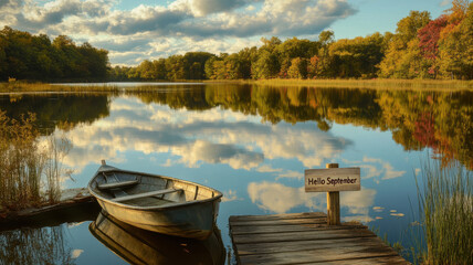Obraz premium Serene lakeside view in early September, soft clouds, calm waters, a small rowboat tied to the dock, and a rustic Hello September sign reflecting the peaceful start of autumn