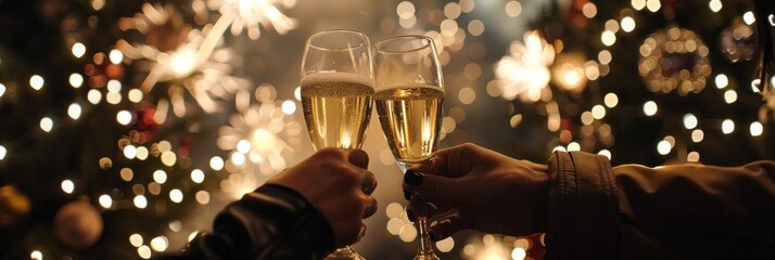 Two people are cheerfully toasting with glasses, surrounded by festive lights, celebrating the holiday season with warmth and togetherness, creating a joyful and cheerful atmosphere