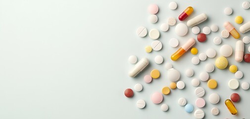 A variety of colorful pills and tablets scattered on a light background, representing medicine and health care.