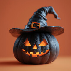 Halloween decorated pumpkin as spooky face placed on orange background in studio 