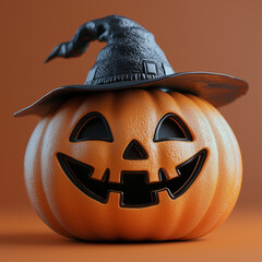 Halloween decorated pumpkin as spooky face placed on orange background in studio 