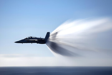 A Fighter Jet Cuts Through the Sky, Shattering Silence with the Powerful Sonic Boom Over the Ocean's Calm Surface.