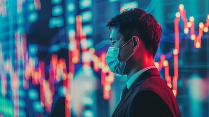 Businessman with disposable mask near diagram image. Stock market professional trader with graphs photography scene wallpaper. Commercial activity concept photorealistic photo