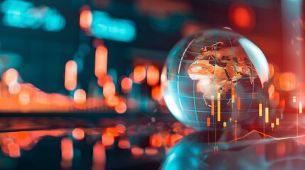 Earth globe with stock market charts image copy space. International financial activities banner background blurred. Commercial data analytics worldwide concept photography copyspace