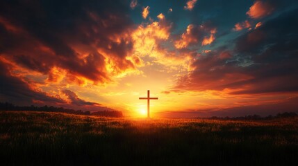 Obraz premium A silhouette of a cross stands tall in a field as the sun rises, casting a radiant glow across the sky. The clouds above are painted with vibrant hues of orange and red, creating a breathtaking scene 