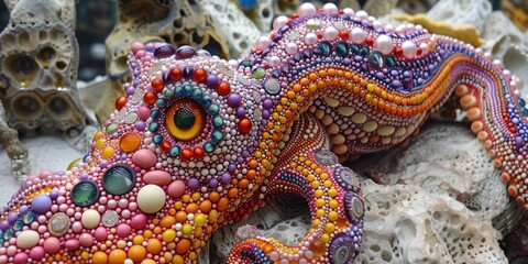 Obraz premium Close-up of a colorful beaded octopus sculpture resting on a stone surface