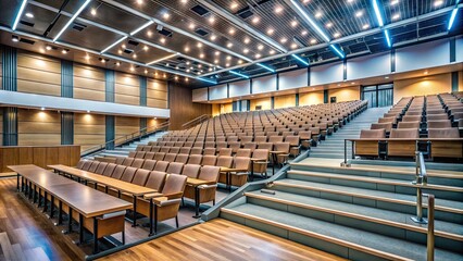 Empty chairs and tables fill a dimly lit, modern lecture hall with a tiered seating arrangement, awaiting the start of a educational session.