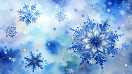 Fototapeta premium Watercolor Holiday Snowflake Background with Intricate Blue and White Snowflakes on Pale Blue Wash, Serene and Wintery