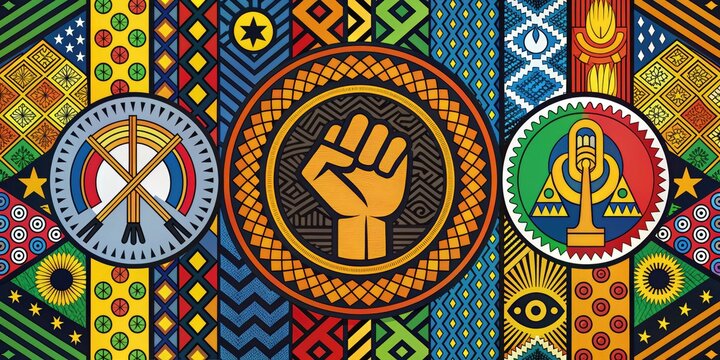 Empowering Unity: Bold hues, vibrant patterns, symbols of strength and solidarity representing the NAACP's mission of equality.