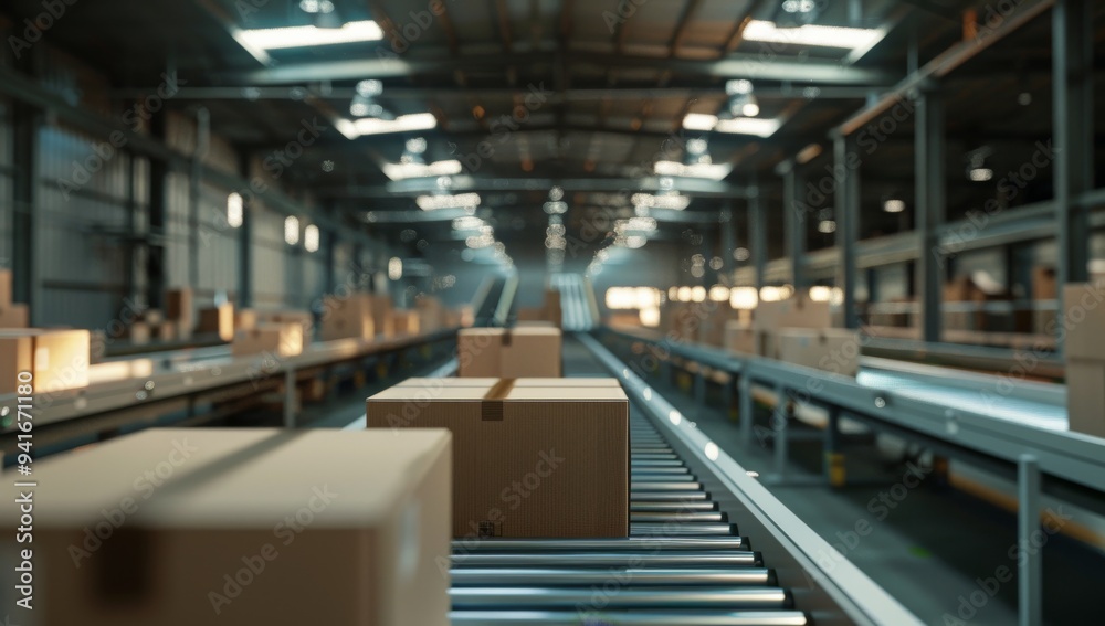 Poster A modern automated warehouse with conveyor belts transporting numerous packages. The facility is brightly lit, showcasing an efficient and organized system for package handling and logistics.