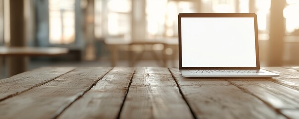 A laptop on a wooden table in a bright, modern workspace, ideal for showcasing technology and remote work concepts.