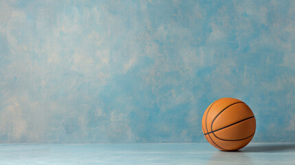 A single basketball resting on a blue textured background, symbolizing sport, competition, teamwork, fitness, and healthy lifestyle.