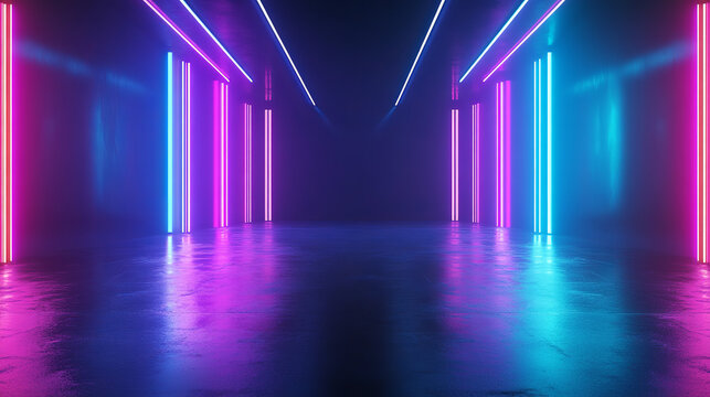 3d technology abstract neon light background, empty space scene, spotlight, dark night,  