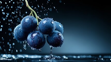 A single cluster of dark blue grapes with water droplets falling on them, against a dark blue background. The image symbolizes freshness, purity, abundance, and the beauty of simplicity.